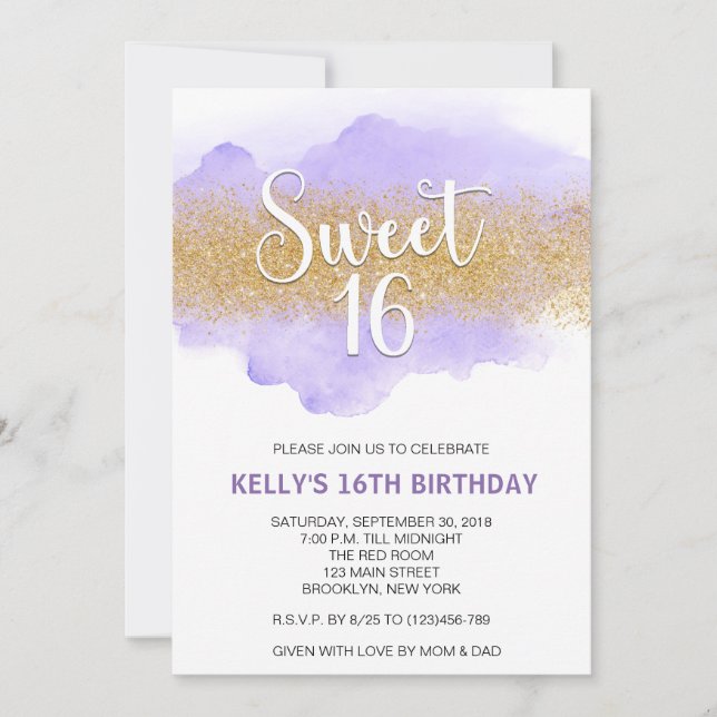 Modern Akvarell Lila Sweet 16 Sexton Inbjudningar (Framsida)