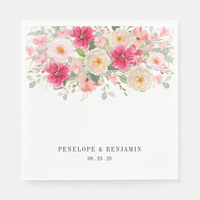 Modern Akvarell Ljusrosa Blommig Bröllop Pappersservett (Framsidan)