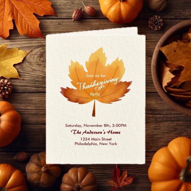 Modern akvarell lönn Thanksgiving-fest vikt Inbjudan (Modern Watercolor Maple Thanksgiving Party Folded Invitation )