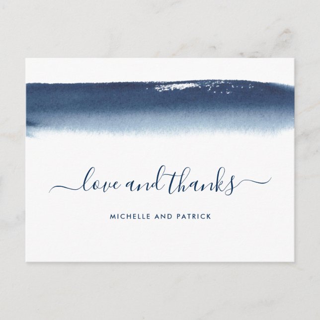 Modern akvarell marinblå bröllop tack meddelande vykort (Framsida)