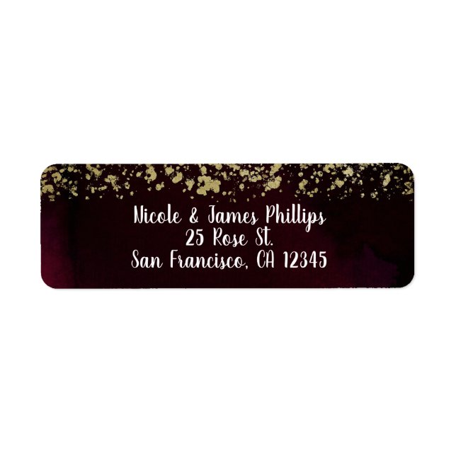 Modern akvarell Moody Maroon & Guld Bröllop Returadress Etikett (Framsidan)