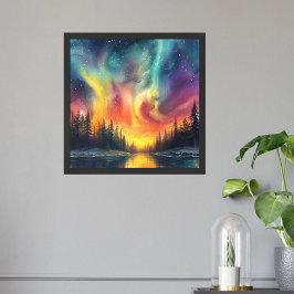 Modern akvarell Norrsken vid sjön Finkonst Poster