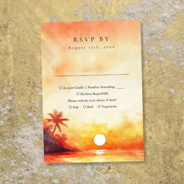Modern akvarell orange solnedgång bröllop på stran OSA kort (Modern Watercolor Orange Beach Sunset Wedding RSVP Card)
