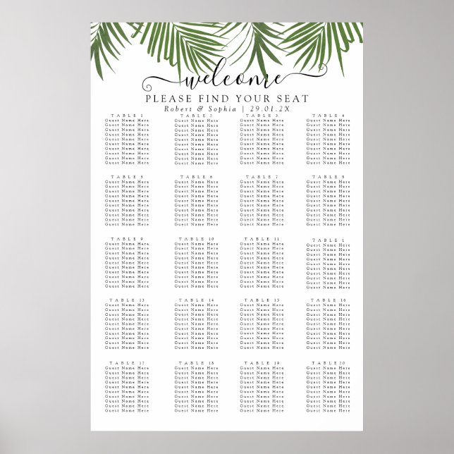 Modern akvarell palmer sittplatskarta poster (Framsidan)