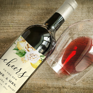 Modern akvarell Pastell Gul Citron & Blad Vinflaska Etikett
