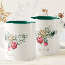 Modern Akvarell Röd Lövverk Namn God Jul Två-Tonad Mugg