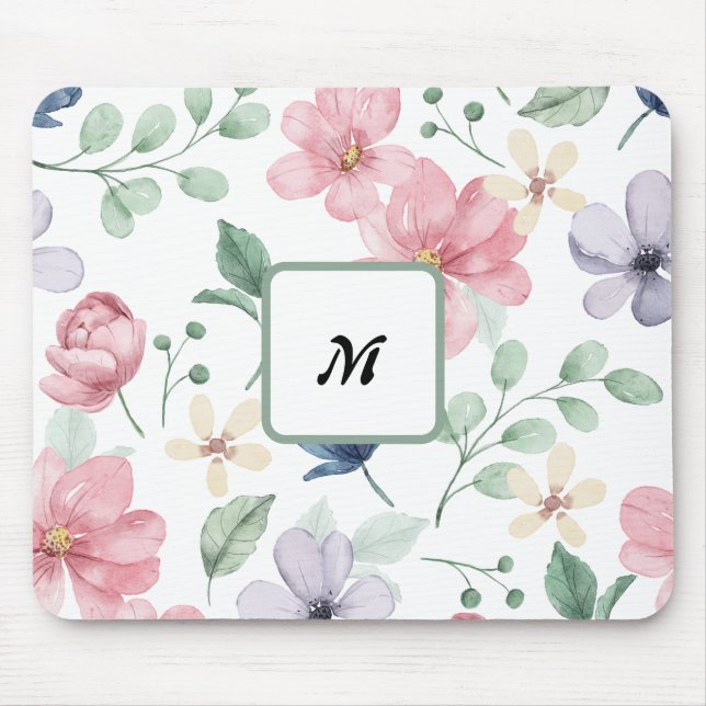 Modern akvarell rosa blommor monogram muse musmatta (Framsidan)
