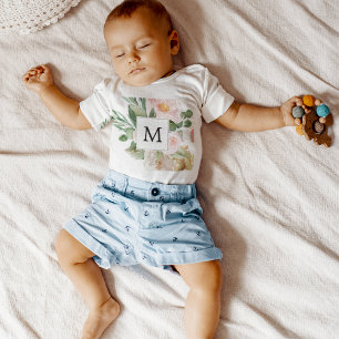 Modern akvarell rosa blommor monogram  t shirt