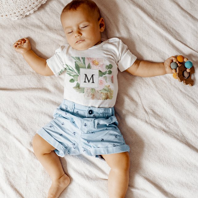 Modern akvarell rosa blommor monogram  t shirt (Skapare uppladdad)