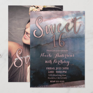 Modern akvarell Rosa Guld & Blå Sweet 16 Foto Inbjudningar