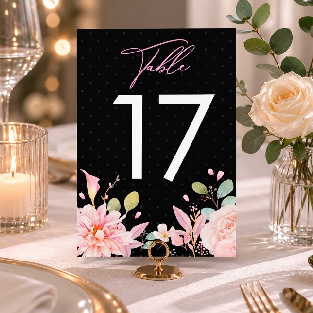 Modern akvarell rosa ros blomster svart bordsnummer (Modern Watercolor Pink Rose Floral Black Table Number, Wedding Table Signs, Wedding Favours)