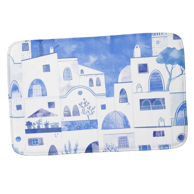 Modern akvarell Santorini Grekland ö Badrumsmatta (Oia Santorini Greek island blue and white watercolor art bath mat)