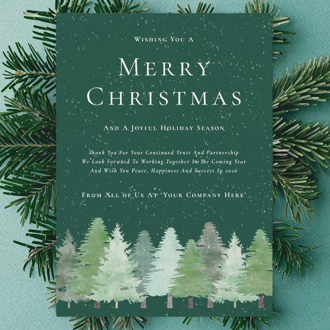 Modern akvarell Skogs Snö Business Jul Julkort (Merry Christmas watercolor snowy woodland green and white corporate business holiday flat card)