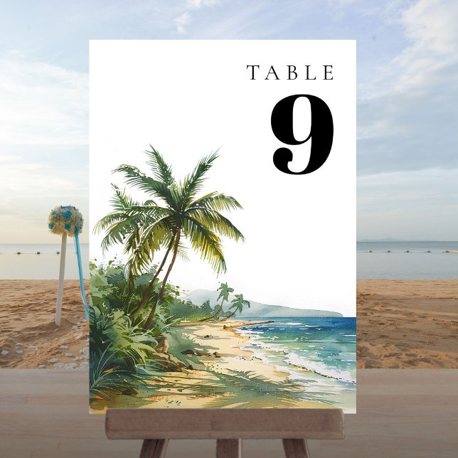 Modern akvarell tropisk strand bordskort (Modern Watercolor Tropical Beach Table Number)