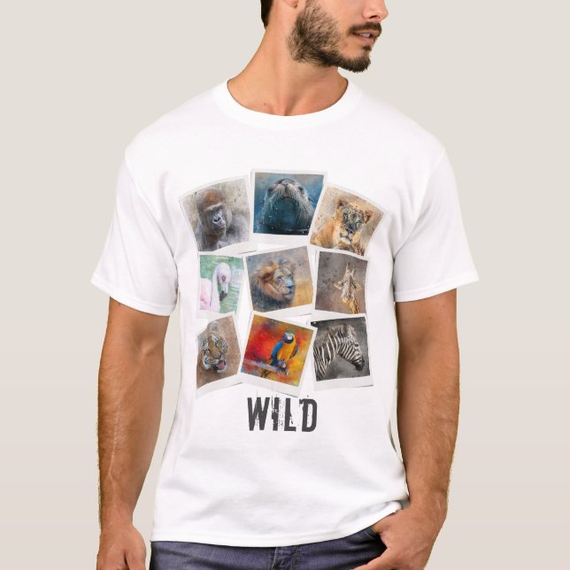 Modern akvarell vilda djur foto ram collage t shirt (Framsida)