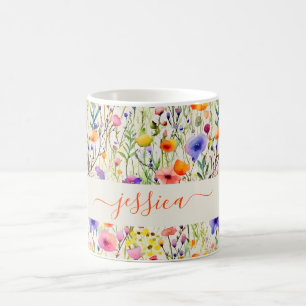 Modern akvarell vildblommor mönster skript namn kaffemugg