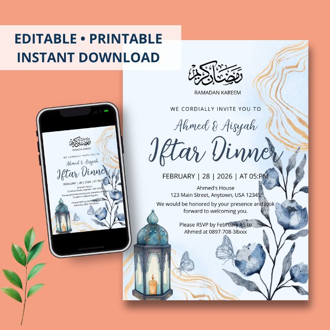 Modern akvarellblå blommig & guld Iftar-middag Inbjudningar (Skapare uppladdad)