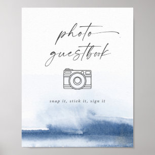 Modern akvarellblå bröllopsfoto gästbok poster
