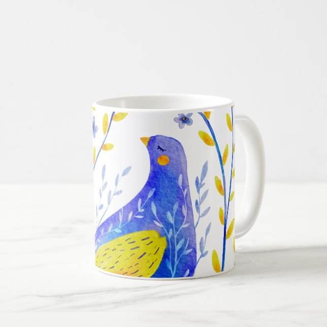 Modern akvarellblå och gul fågelkonst kaffemugg (Framsida höger)