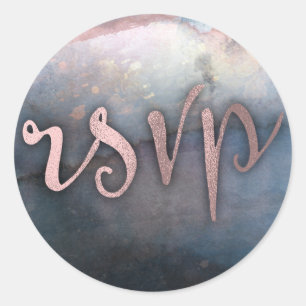 Modern akvarellblå och roséguld rosa glamour RSVP Runt Klistermärke
