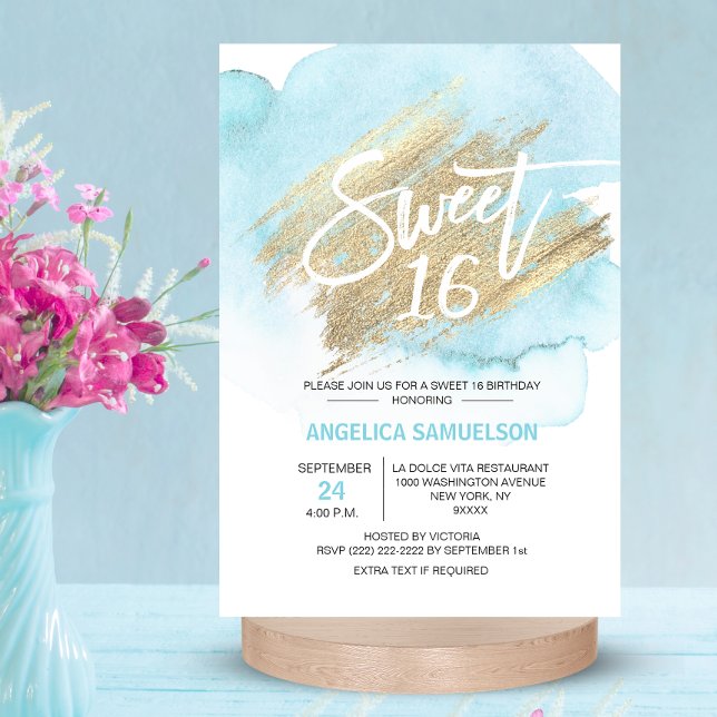 Modern akvarellblå Sweet 16 Sexton 3,5x5" Inbjudningar (Modern Watercolor Blue Sweet 16 Sixteen 3.5x5" Invitation)