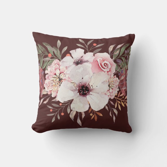 Modern akvarellblomma rosa burgunder kudde (Framsida)