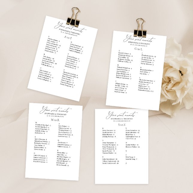Modern alfabetisk Bröllop-platskort (Convenient and organized wedding seating chart with alphabetical name arrangement.)