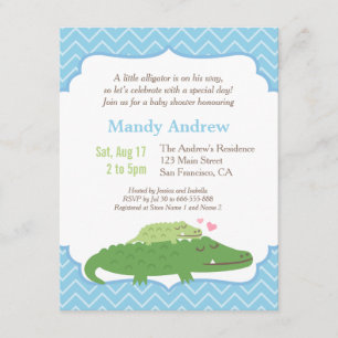 Modern Alligator Blå Chevron Baby Shower Fest Inbjudningar
