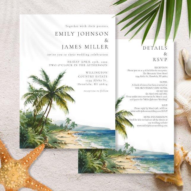 Modern Allt-i-ett Vattenfärg Strandbröllop Inbjudningar (Modern All In One Watercolor Beach Wedding Invitation)