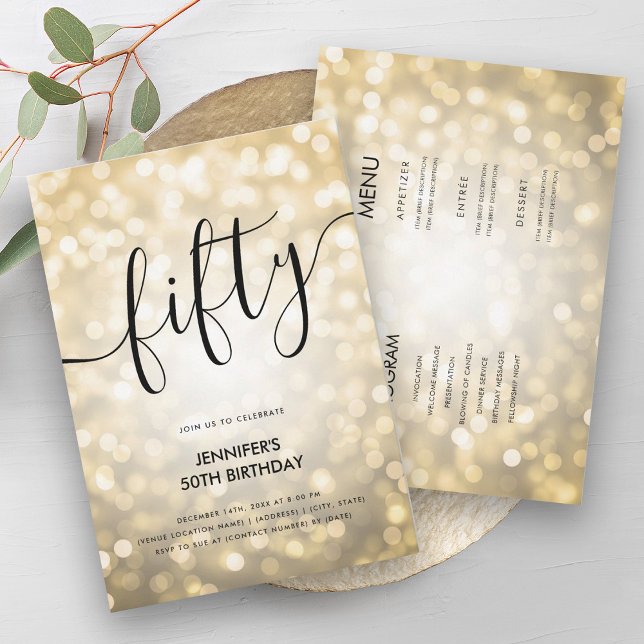Modern allt på en Guld Glitter Ljus 50-dagarsdag Inbjudningar (Modern All In One Gold Glitter Lights 50 Birthday Invitation)