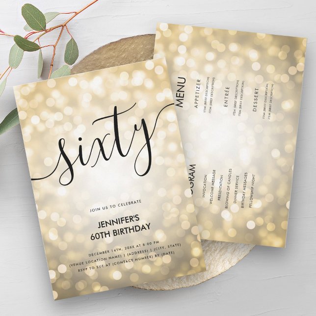 Modern allt på en Guld Glitter Ljus 60 födelsedaga Inbjudningar (Modern All In One Gold Glitter Lights 60 Birthday Invitation)