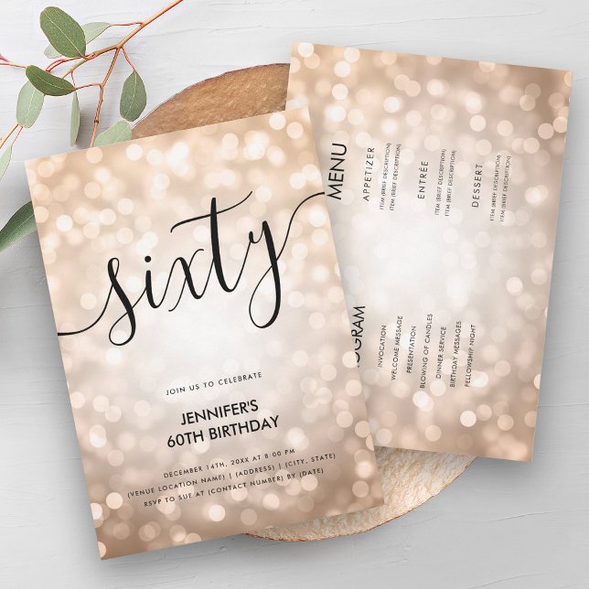 Modern allt på en Ro Guld Ljus 60 födelsedagar Inbjudningar (Modern All In One Rose Gold Lights 60 Birthday Invitation)