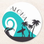 Modern Aloha Surfa och Handflatan Träd Underlägg Papper Rund<br><div class="desc">Modern vågdesign med yfer silhuetterad på stranden handflatan träd och Aloha hälsning.</div>