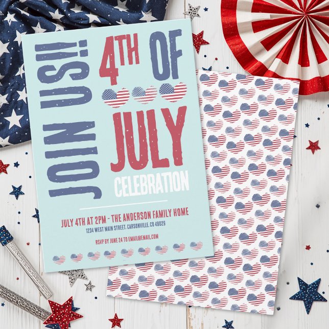 Modern Amerikansk Flagga Patriotisk 4:e Juli Inbjudningar (Patriotic American Flag Heart 4th Of July Party Invitation)