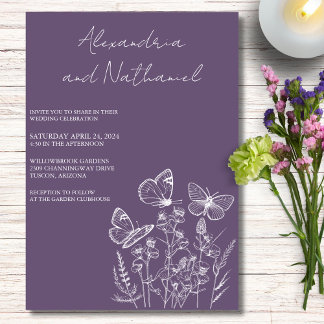 Modern Amethyst Lila & Vit Fjäril Bröllop  Inbjudningar