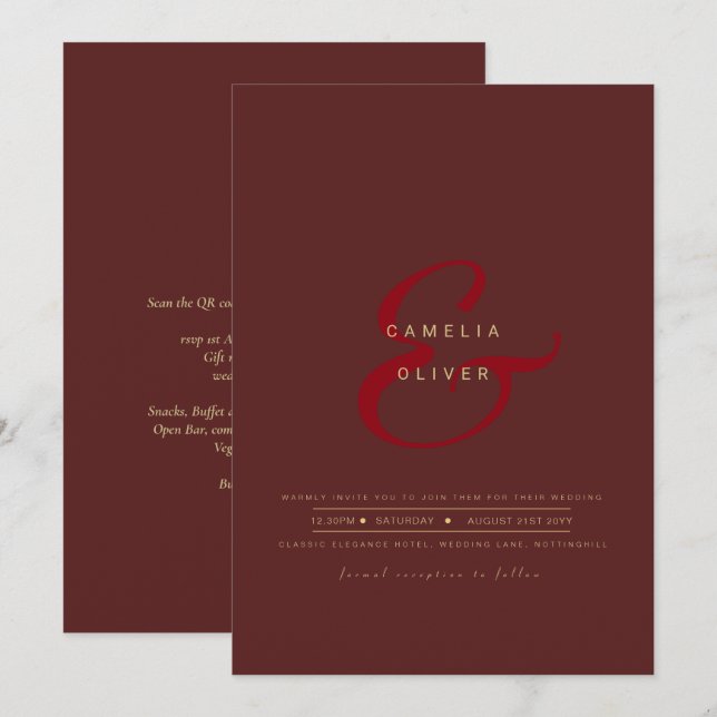 Modern Ampersand-bröllop - bjud in QR-OSA Inbjudningar (Fram/baksida)