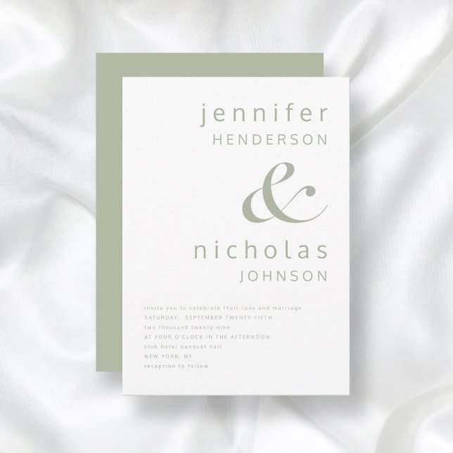 Modern Ampersand Typography Sage Grönt Bröllop Inbjudningar (Front / Modern Ampersand Typography Sage Green Wedding Invitation)