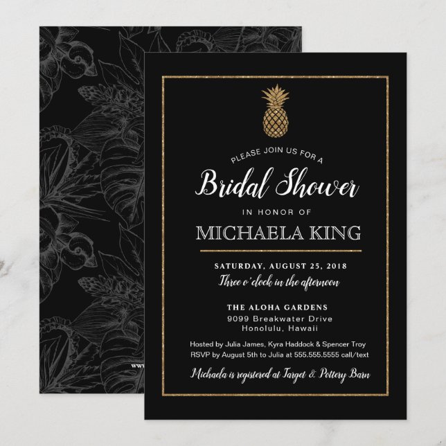 Modern ananasinbjudningskort för möhippan, guld inbjudningar (Fram/baksida)