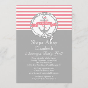 Modern Anchor Nautical Sailboat Girl Baby Shower Inbjudningar