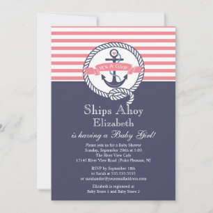Modern Anchor Nautical Sailboat Girl Baby Shower Inbjudningar