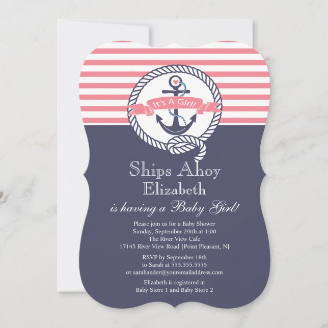 Modern Anchor Nautical Sailboat Girl Baby Shower Inbjudningar (Framsida)