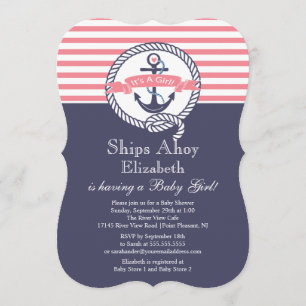 Modern Anchor Nautical Sailboat Girl Baby Shower Inbjudningar