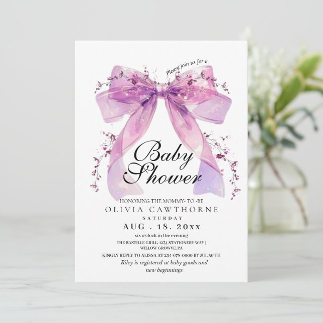 Modern and elegant Pink Bow Baby Shower Inbjudningar (Stående Fram)
