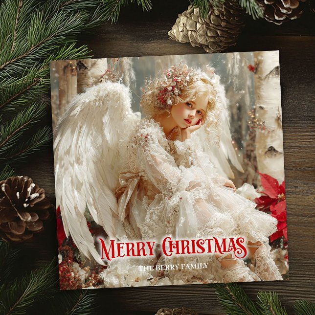 Modern angelic angel red poinsettias chic greeting julkort (Modern angelic angel red poinsettias chic greeting Holiday Card)