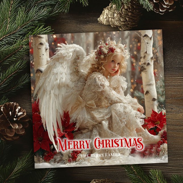 Modern änglalik ängel röd guld festlig strålning julkort (Modern angelic angel red gold festive radiation card)
