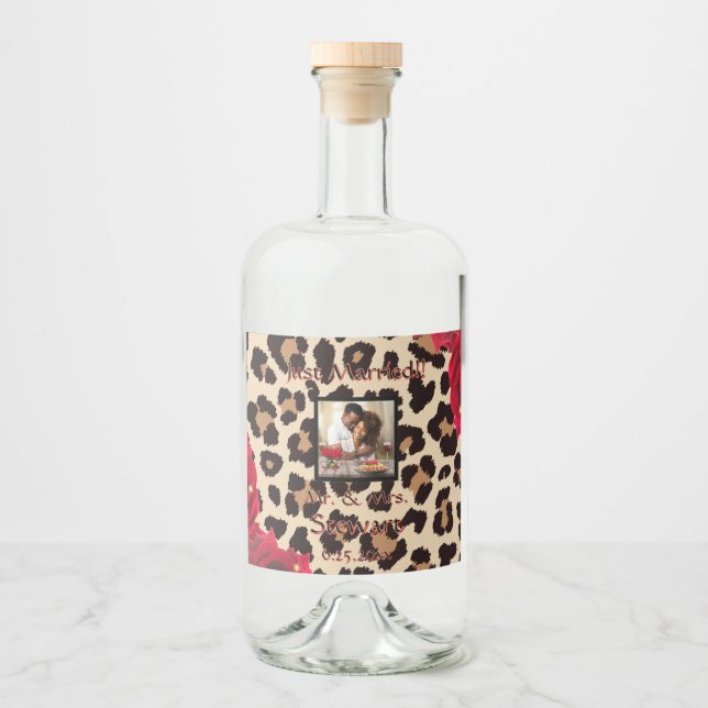 Modern Animal Print Röd ros "Ny gifta" Spritflaskor Etikett (Framsida)