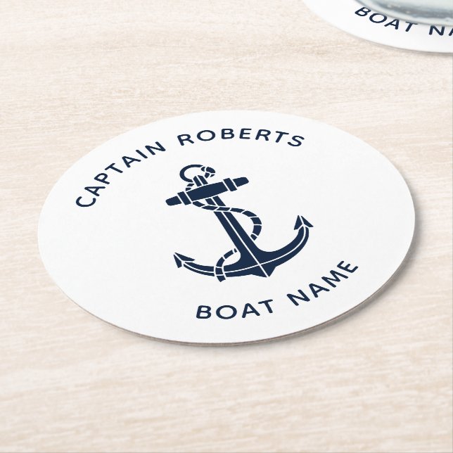 Modern Ankar Captain Namn Nautisk Anpassning Underlägg Papper Rund (Vinklad)
