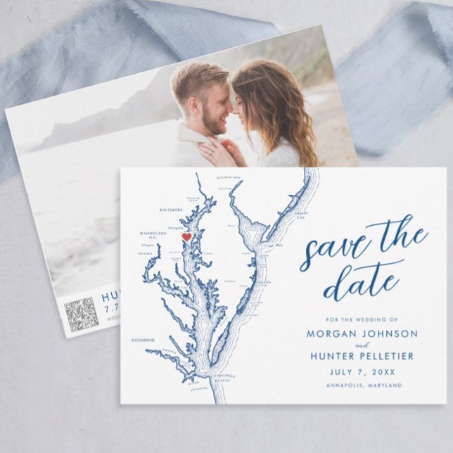 Modern Annapolis Chesapeake Bay Kartbröllopspresen Spara Datumet (Modern Annapolis Maryland Save the Date with photo and QR code in minimalist navy blue )