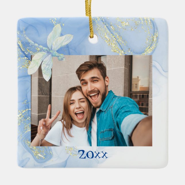 Modern ännu Elegant Blue Guld Swirl Dragonfly Julgransprydnad Keramik (Framsida)