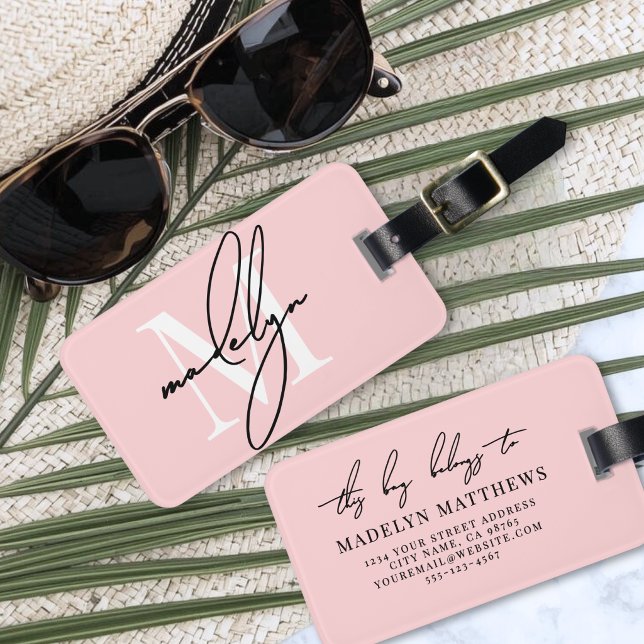 Modern Anpassad Feminint Rosa Initialer Namn Bagagebricka (Modern Custom Girly Blush Pink Monogram Name Luggage Tag)